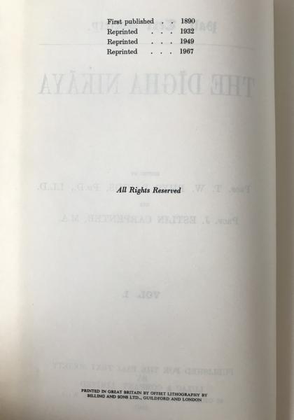 The D?gha Nik?ya, Vol. I - Pali Text Society Reprint, 1967