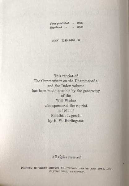 The Commentary on the Dhammapada, Vol. II - Pali Text Society Reprint, 1970
