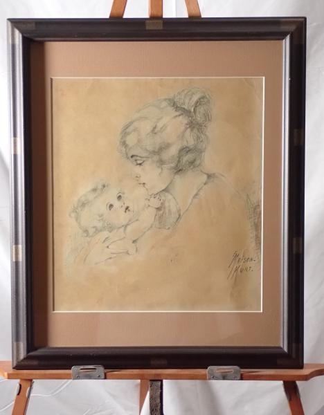 【額装】E. MAISON-KURT「母と子」ヴィンテージプリント 複製画 スケッチ風 アンティーク調 人物画 インテリア