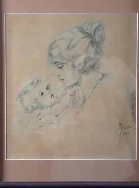 【額装】E. MAISON-KURT「母と子」ヴィンテージプリント 複製画 スケッチ風 アンティーク調 人物画 インテリア