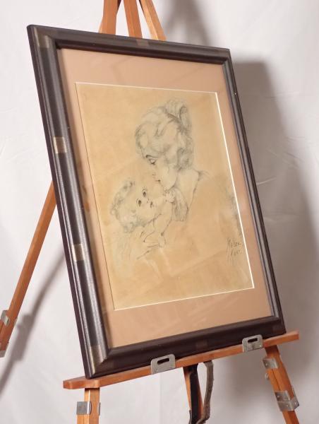 【額装】E. MAISON-KURT「母と子」ヴィンテージプリント 複製画 スケッチ風 アンティーク調 人物画 インテリア