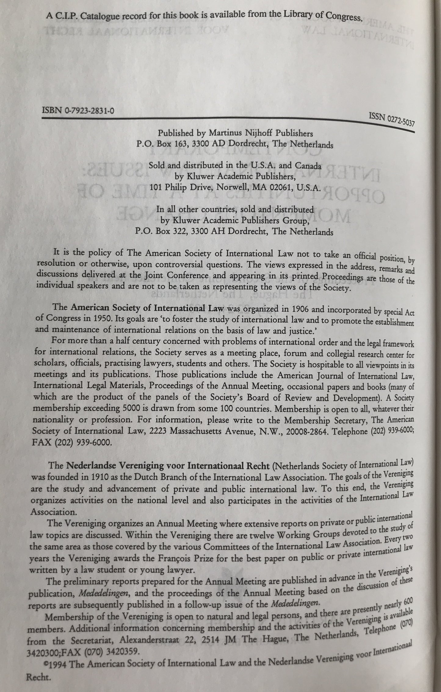 Contemporary International Law Issues: Opportunities at a Time of Momentous Change