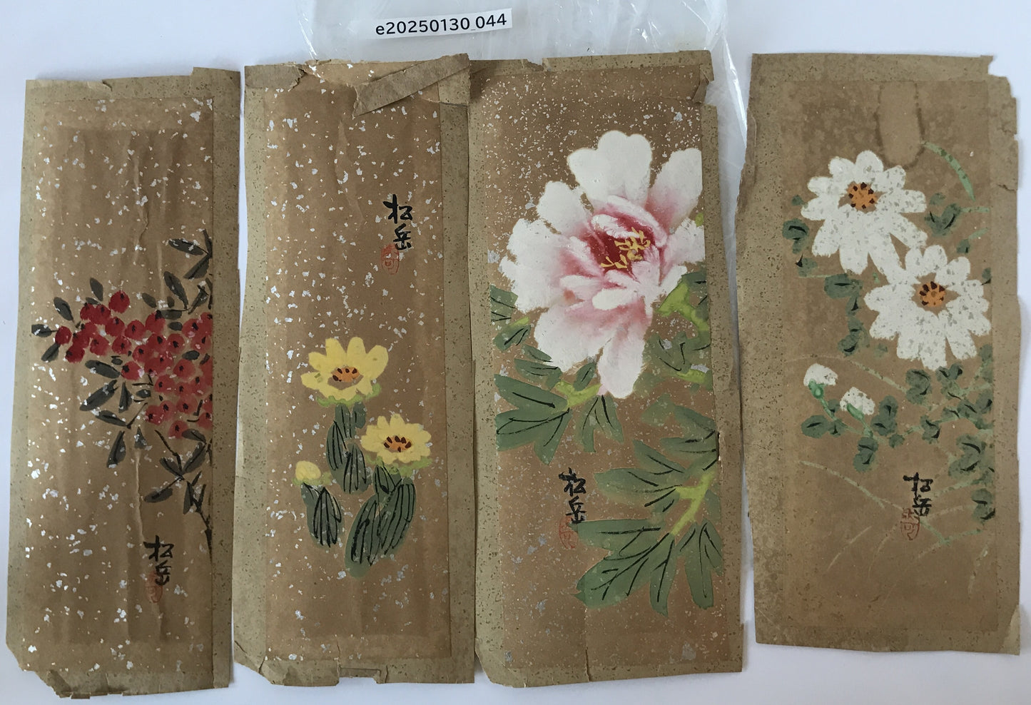 花の絵　南天、福寿草、牡丹、菊　4枚揃え